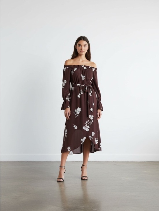Dress Forum Dresses & Skirts - Dress Forum One-Shoulder Brown Floral Midi Dress